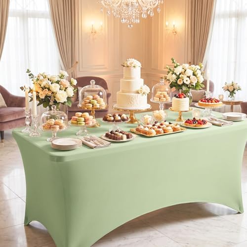 Fixwal 2 Pack 6FT Sage Green Birthday Tablecloth Spandex Table Cover - Image 2