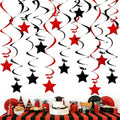 Red Black Hanging Swirl Decorations - 32 Pcs Metallic Ceiling Swirls with Foil Stars, Plastic Streamers for Graduation, Halloween, Casino Night, Birthday, Bachelorette Party Supplies by PARTVON
