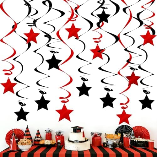 Red Black Hanging Swirl Decorations - 32 Pcs Metallic Ceiling Swirls with Foil Stars, Plastic Streamers for Graduation, Halloween, Casino Night, Birthday, Bachelorette Party Supplies by PARTVON