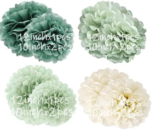 Sage Green Tissue Paper Flower Pom Poms Kit 12pieces for Wedding Bridal Shower Engagement Bachelorette Birthday Party Decorations (Boho Sage Green) - Image 5