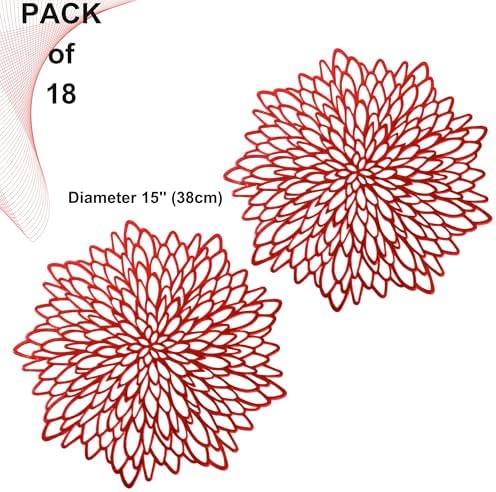 Snowkingdom Red Placemats Pressed Vinyl Metallic Shiny Floral Dinning Mats Round Leaf Table Decoration for Halloween Mother's Day Valentine Weddings Mother's Day Christmas Holiday Celebrations 18 Pack - Image 2