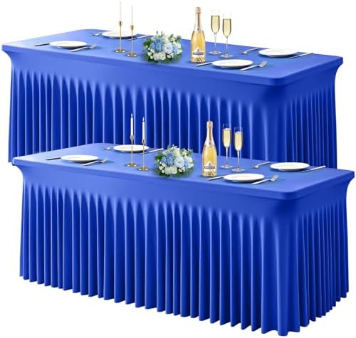 Wish Care 2 Pack Royal Blue Spandex Table Clothes for 8 Foot Rectangle Tables, 8FT Wrinkle Free Fitted Tablecloths Ruffles Design Table Cloth for Party, Banquet, Wedding and Events by WishCare