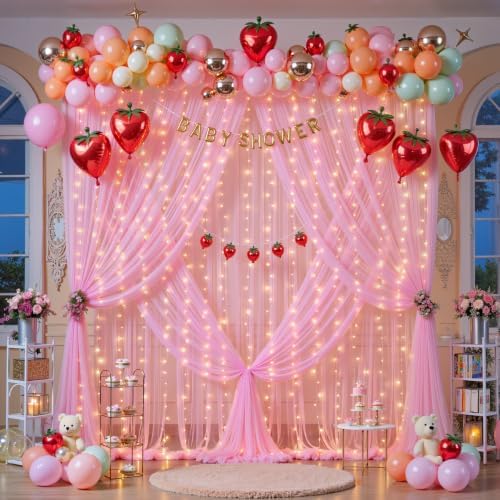 10ft x 12ft Pink Tulle Photo Backdrop Curtain with Lights String for Parties Wedding Sheer Baby Pink Curtain Backdrop for Baby Shower Girls Birthday Party Gender Reveal Photo Background Decorations - Image 2