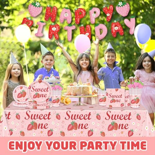 146Pcs Strawberry Plates and Napkins strawberry Party Supplies Includes Plates, Napkin, Fork, Cup, Straw, Tablecloth, Banner for Baby Shower Birthday Party Decorations, Serves 24 (Strawberry) - Image 7