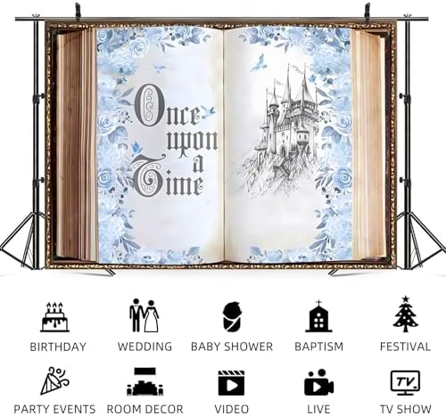 20x10ft Once Upon a Time Backdrop Fairy Tale Storybook Open Book Castle Photography Background for Princess Wedding Birthday Party Baby Shower Photo Booth Props Blue Flower Rose Vintage Decor - Image 5
