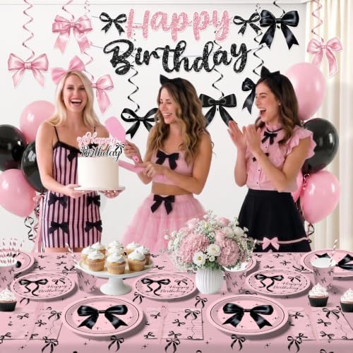 213pcs Pink and Black Bow Birthday Decorations, Serves 25 - Image 4