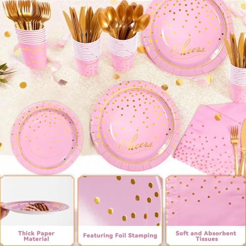 168Pcs Pink and Gold Paper Plates and Napkins Party Supplies for 24 Guest - Image 4
