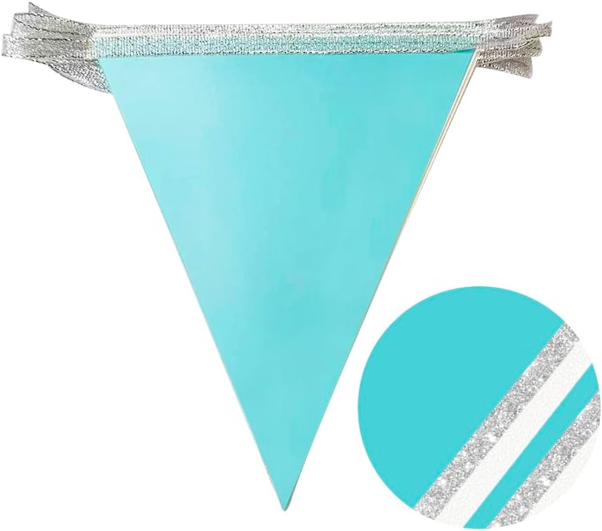 Teal Blue and Silver White Pennant Banner Flag Hanging Glitter Paper Triangle Bunting for Birthday Graduation Bridal Shower Wedding Shower Engagement Turquoise Aqua Party Decorations Supplies - Image 3