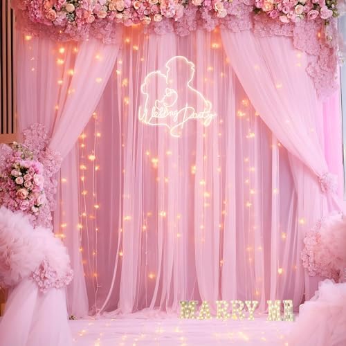Pink Tulle Backdrop Curtains with Lights String for Parites 10ft×8ft Wrinkle Free Pink Sheer Sparkle Backdrop Curtains for Baby Shower Girls Bridal Shower Birthday Party Photo Shoot Decorations - Image 2