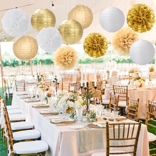 White Gold Party-Decorations Paper Flowers Lanterns - 15PCS Engagement Birthday Graduation Wedding Tissue Pom Poms Streamers,Neutral Bachelorette Baby Bridal Shower Hanging Supplies Decor Hugfond - Image 3