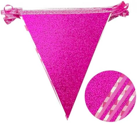 Hot Pink Buffalo Plaid Party Decorations Pennant Banner Flag Hot Pink Glitter Paper Triangle Hanging Bunting for Birthday Bachelorette Anniversary Wedding Bridal Shower Hen Party Supplies - Image 3