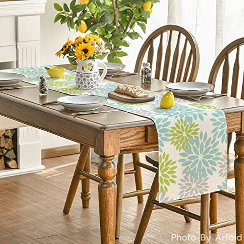 Artoid Mode Green Dahlia Floral Pinnata Summer Table Runner, Spring Kitchen Dining Table Decoration for Home Party Decor 13x72 Inch - Image 4