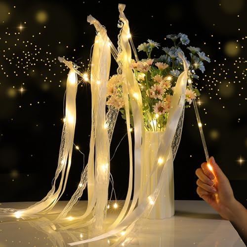 25 Pcs Wedding Wands Ribbon Streamers with 3 Colorful Flashing Modes, Light up LED Silk Fairy Wands, Glow Lace Stick with Bells for Wedding Reception, Graduation, New Year, Birthday Party (Warm White) - Image 3