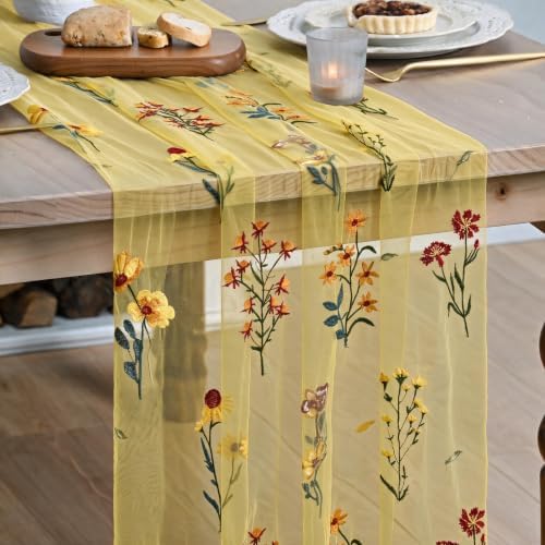 Artoid Mode Wildflower Yellow Gauze Embroidery Table Runner 120 Inch 10FT by ArtoidMode