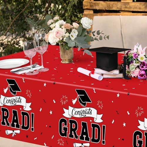 2 PCS Graduation Tablecloth, 108" X 54" Red Graduation Table Decorations 2026, Disposable Plastic Tablecover for Grad Decor Party Supplies, Rectangle Table Cover for Class 2026 Congrats Grad for Kids - Image 5