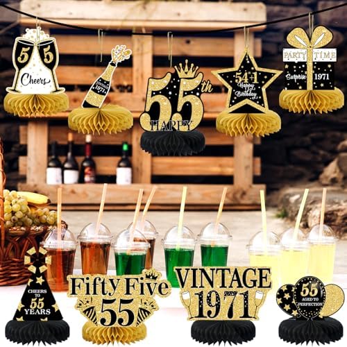 9Pcs 55th Birthday Decorations Honeycomb Centerpieces for Men Women, Black Gold Happy 55th Birthday Centerpieces Tables Toppers Party Decorations Supplies, Vintage 1971 Aged Table Sign Decor - Image 6