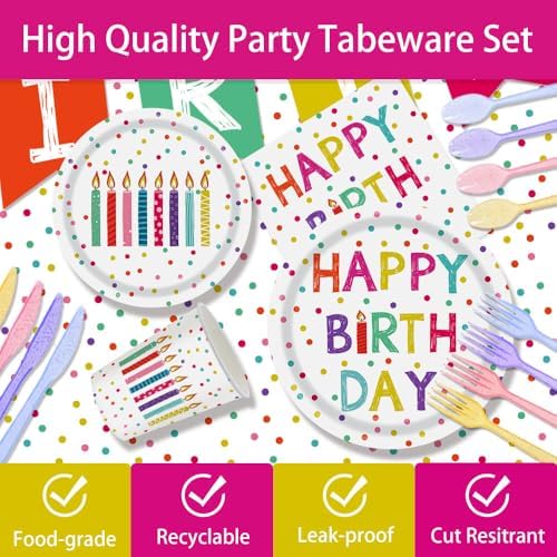 142pcs Happy Birthday Party Supplies Set with Colorful Polka Dots Design- Includes Disposable Paper Birthday Plates and Napkins, Cups, Tablecloth, and Banner，Dots Party Supplies Serves 20 Guests - Image 3