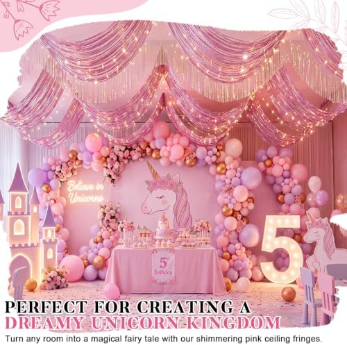 Breling 4 Pcs Iridescent Pink Ceiling Fringe Curtains, Foil Drapes, 15 ft - Image 3