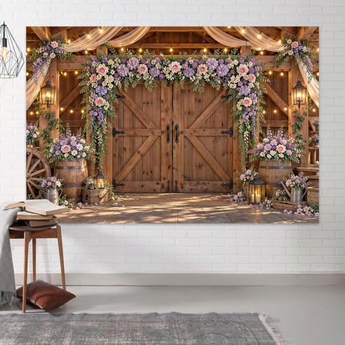 8x6ft Country Wedding Backdrop Purple Lavender Wisteria Flower Wooden Barn Door Western Photography Farmhouse Birthday Baby Shower Anniversary Bridal Party Banner Photo Booth Props Background - Image 4