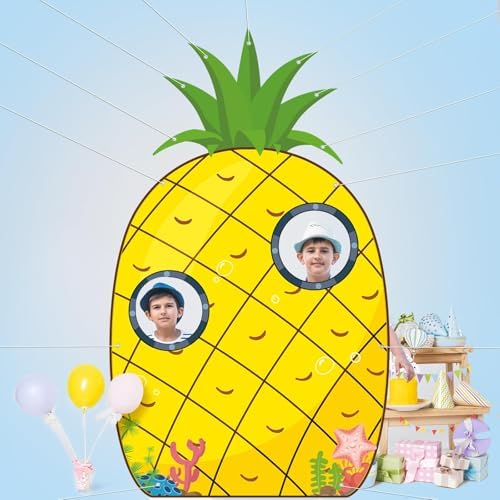 Pineapple Summer Photo Prop, Large Yellow Cartoon House Door Banner with 3 Photo Windows, Tropical Hawaii Party Supplies, Sea Beach Photography Background for Birthday Parties, Kids and Pets (80"x47") - Image 5