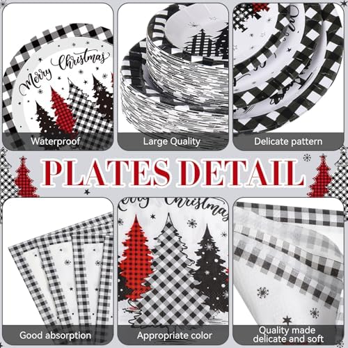 Funnymoom 452 Pcs Christmas Tree Party Supplies for 50, Black Buffalo Plaid Gingham Christmas Paper Plates Napkins Cups Tablecloth Cutlery Straws Tableware Set for Xmas Holiday Party Decorations - Image 2