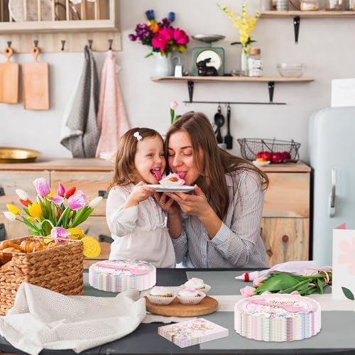 96 Pieces Mother’s Day Floral Tableware Set – Pink Scalloped Disposable Plates, Napkins and Forks for Mother’s Day Party, Brunch, Tea Party, and Spring Celebrations – Serves 24 Guests - Image 5