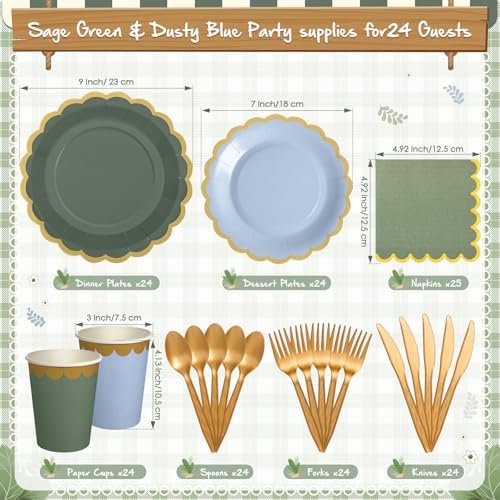 Mimorou 169 Pcs Dusty Blue and Sage Green Plates and Napkin Party Supplies - Image 3