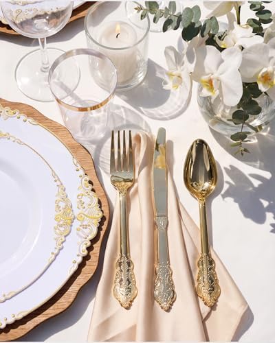 Nervure 350Pcs Gold Plastic Plates, Disposable Dinnerware Set for 50 Guests - Image 5