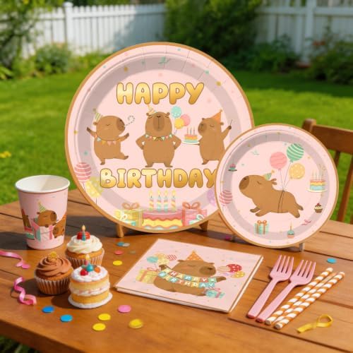 Xynic Pink Capybara Birthday Decorations Tableware Set Serves 25 Guests - Image 5
