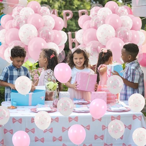 HILAVO Pink Bow Balloons, 12 Inch Pastel Light Pink Transparent White Bow Print Coquette Balloon for Girls Women Birthday Bachelorette Party Bridal Baby Shower Wedding Anniversary Decorations Supplies - Image 5