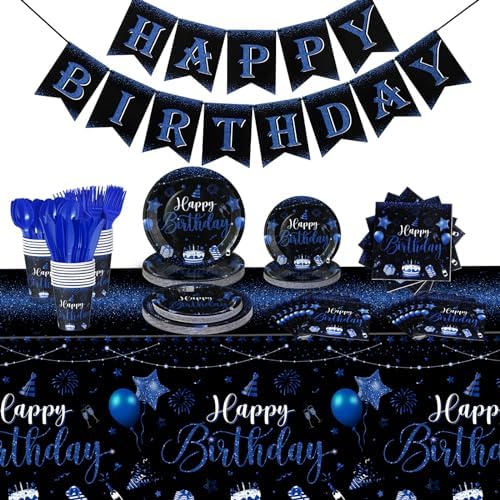 Vesici 171 Pcs Happy Birthday Party Supplies 24 Set Table, Black, Blue by Vesici