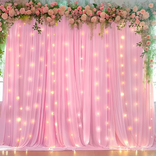 Pink Backdrop Curtain with Lights String for Parties,10x10FT Wrinkle Free Polyester Wedding Photo Backdrop Drapes for Baby Shower Birthday Ceremony Reception Home Party Decorations-5ft x 10ft,2 Panels by Partisky
