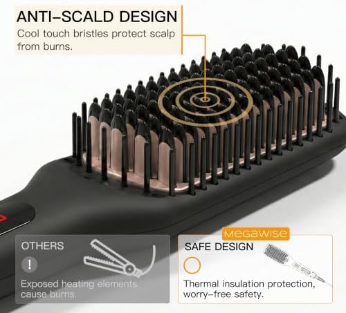 MEGAWISE Black Ceramic Ionic Straightener Brush, 20s Fast Heat, Dual Volt - Image 4