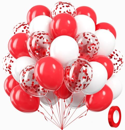 60pcs 12inch Red and White Balloons with Confetti Balloons by Awenztech