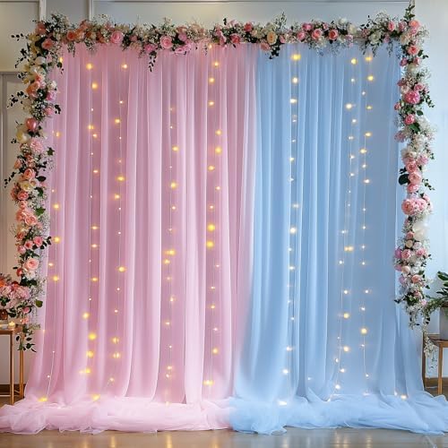10×10ft Pink Blue Tulle Backdrop Curtain with Lights String for Parties, Sheer Photo Backdrop Curtains for Wedding Party Photography Background by WishCare