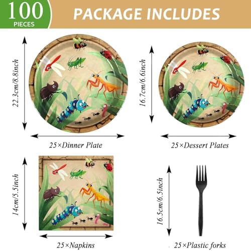 Qyeahkj 100 Pcs Bug Party Plates Napkins Supplies, Spring Summer Ladybugs Bee Reptile Birthday Party Tableware Set Insect Birthday Party Decorations Favors for Boys Girls Serve 25 - Image 2