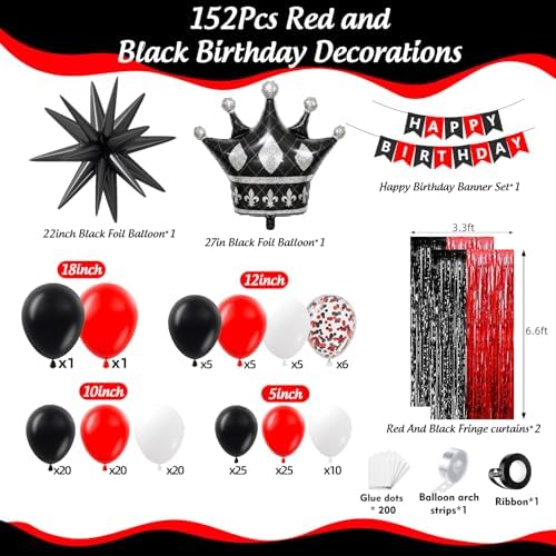 Red and Black Birthday Party Decorations 152Pcs, Red Black White Balloons Arch Kit with Banner Fringe Curtains for 16th 18th 21st 24th 32th 40th 50th 60th Birthday Decorations for Men - Image 2