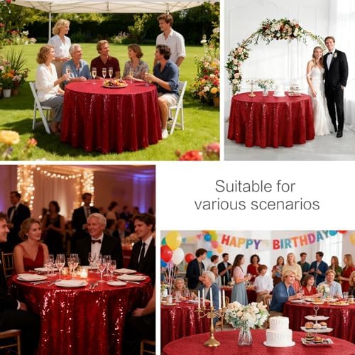 Pufogu 120" Round Burgundry Sequin Tablecloth Glitter Red Table Cloths for Birthday Wedding Bridal Baby Shower Party Decorations - Image 2
