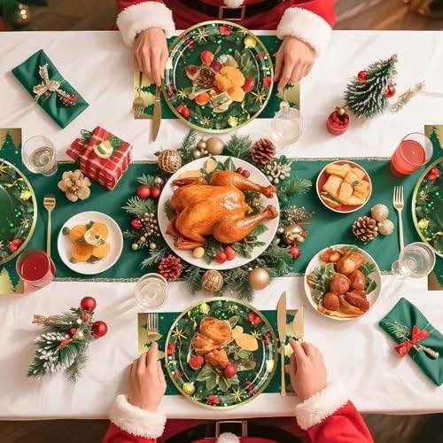 72PCS Christmas Plates and Napkins for Party Decorations, Set of 24 Merry Christmas Disposable Tableware Supplies,Green Gold Christma Tree Paper Plates for Christmas in July Party - Image 6
