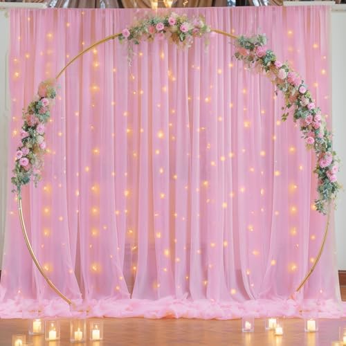 30×10ft Pink Tulle Backdrop Curtain with Lights String for Parties, Sheer Photo Backdrop Curtains for Wedding Party Photography Background - Image 5