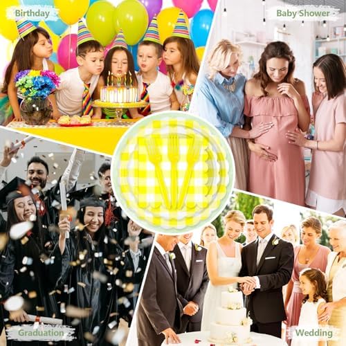 100 Pcs Yellow Gingham Paper Plates and Napkins Disposable Set for Party - Image 7
