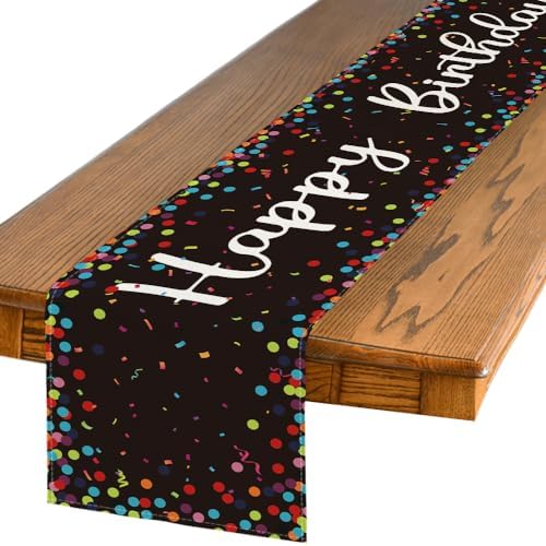 Artoid Mode Polka Dot Black Happy Birthday Table Runner, Seasonal Halloween Kitchen Dining Table Decoration for Home Party Decor 13x90 Inch by ArtoidMode