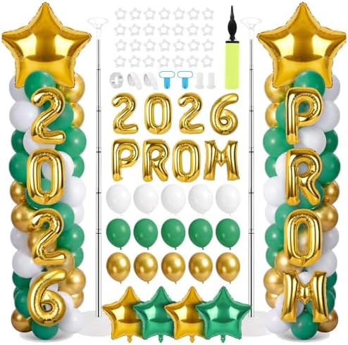 2 Sets Graduation Balloon Column Stand Kits with 132 PCS Green Gold White Latex Balloons 2026 Letters 6.5 Ft Adjustable Metal Tube Telescopic Tower Pillar with Base for Graduation Party Decoration by Unknown