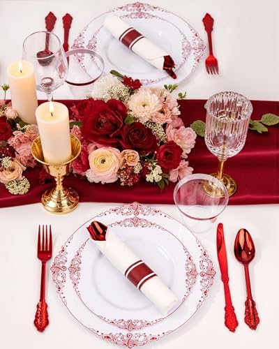Nervure 350Pcs Red Plastic Plates, Plastic Dinnerware Set for 50 Guests - Image 6