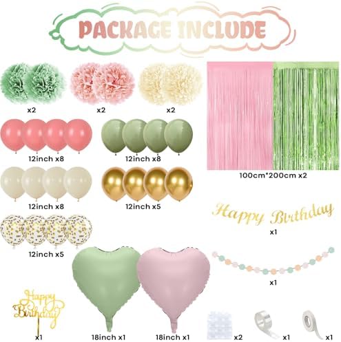 Jobkoo Sage Green Pink Birthday Decorations, Blush Pink Olive Green Gold Sand White Latex Confetti Balloons Boho Happy Birthday Banner Fringe Curtain Pompom for Women Girls Woodland Fairy Party Decor - Image 3