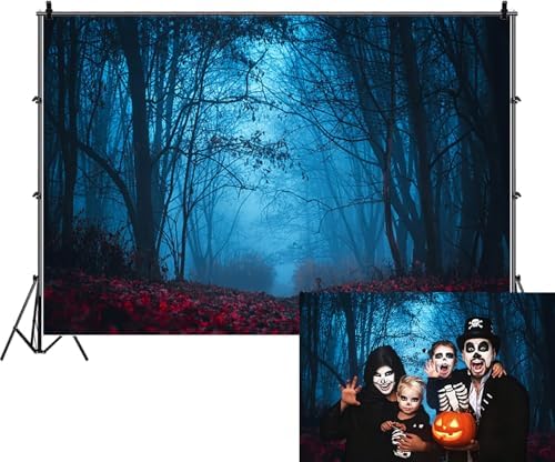 Autumn Forest Backdrop for Halloween Eve Party Mystic Blue Red Maple Leaves Foggy Woods Pathway Thanksgiving Background Photography Studio Photo Booth Props 5x3ft by CRTPODHomeDecor