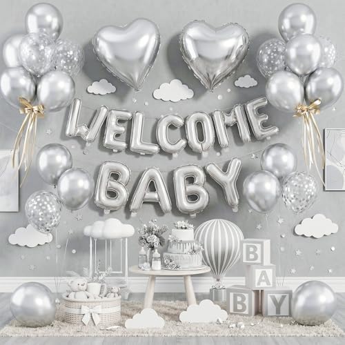 Metallic Silver Baby Shower Decorations Balloons, WELCOME BABY Letter Foil Balloons Banner Backdrop with Chrome Silver Confetti Latex & Heart Balloon for Newborn Infant Babyboy Babygirl Party Decor by KYGNE