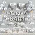 Metallic Silver Baby Shower Decorations Balloons, WELCOME BABY Letter Foil Balloons Banner Backdrop with Chrome Silver Confetti Latex & Heart Balloon for Newborn Infant Babyboy Babygirl Party Decor by KYGNE