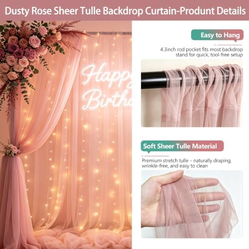 Tulle Backdrop Curtain with Lights String 10FT X 10FT Wrinkle Free Dusty Rose Sheer Tulle Backdrop Curtains for Wedding Birthday Party Reception Photo Booth Background Decorations (2 Panels 5x10FT) - Image 3