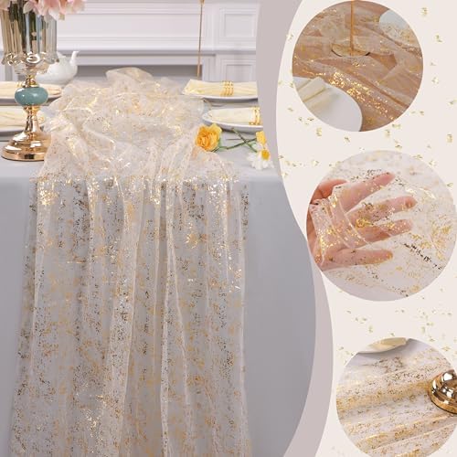 Snowkingdom 10 Pack 10ft Gold Table Runners, Sheer Chiffon Tulle Cheesecloth Sequin Glitter Metallic, Golden Centerpieces Table Decorations for Party Wedding Christmas Birthday Bridal Baby Shower - Image 3
